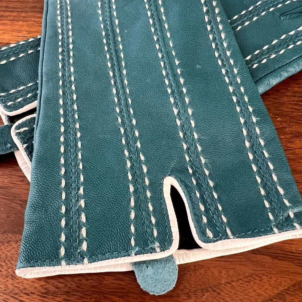 Vintage Teal Leather Gloves With White Saddle-Style Stitching Womens L XL Retro
